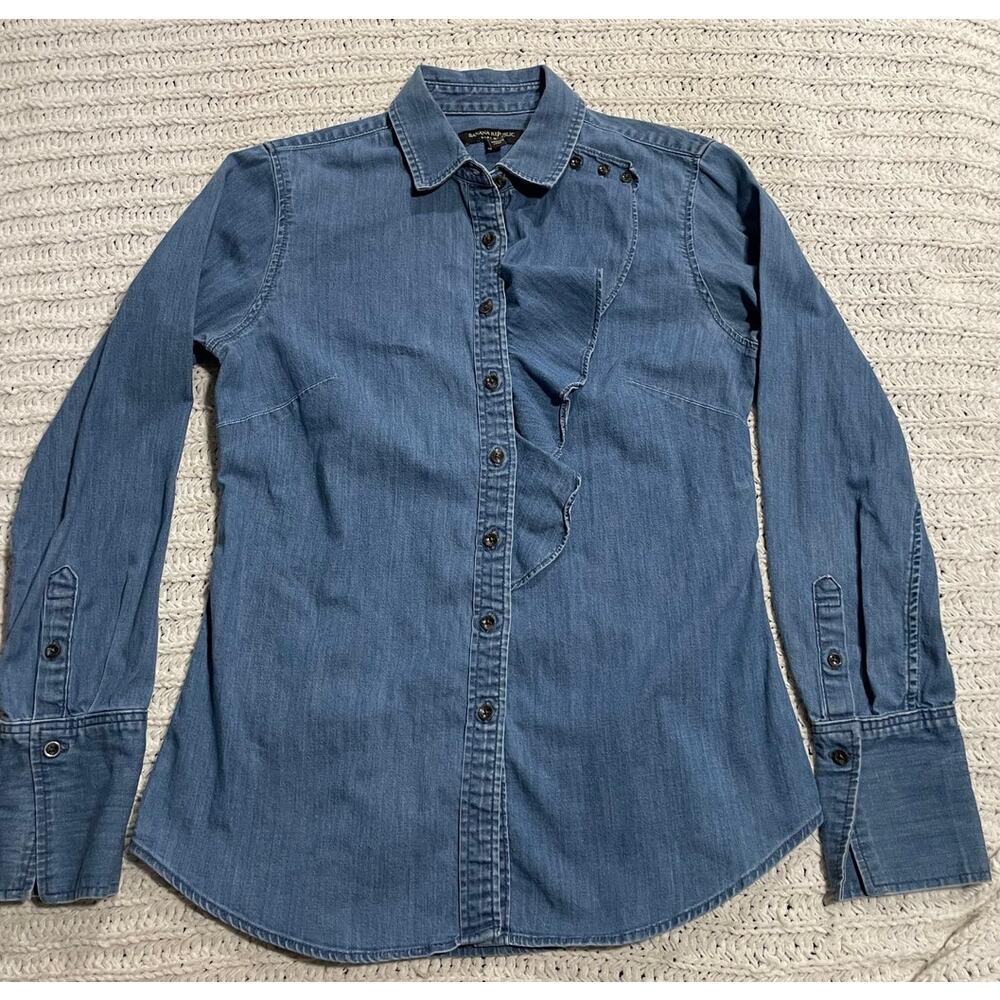 Banana Republic Medium Blue Denim Ruffle-Accent Button-Down Shirt